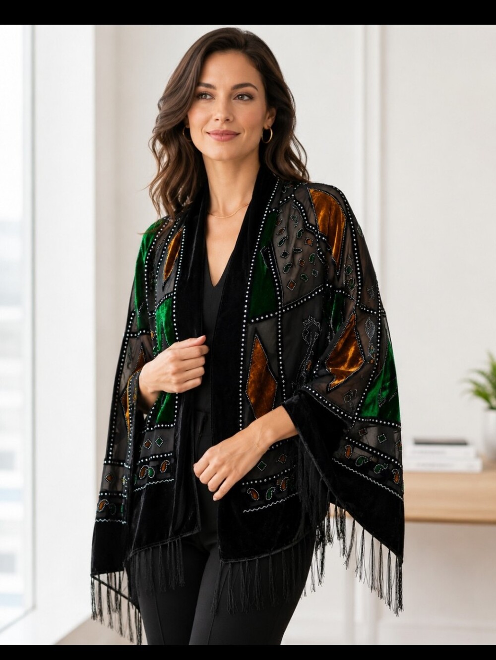Black Velvet Sheer Beaded Geometric Fringe Scarf Green Gold Statement